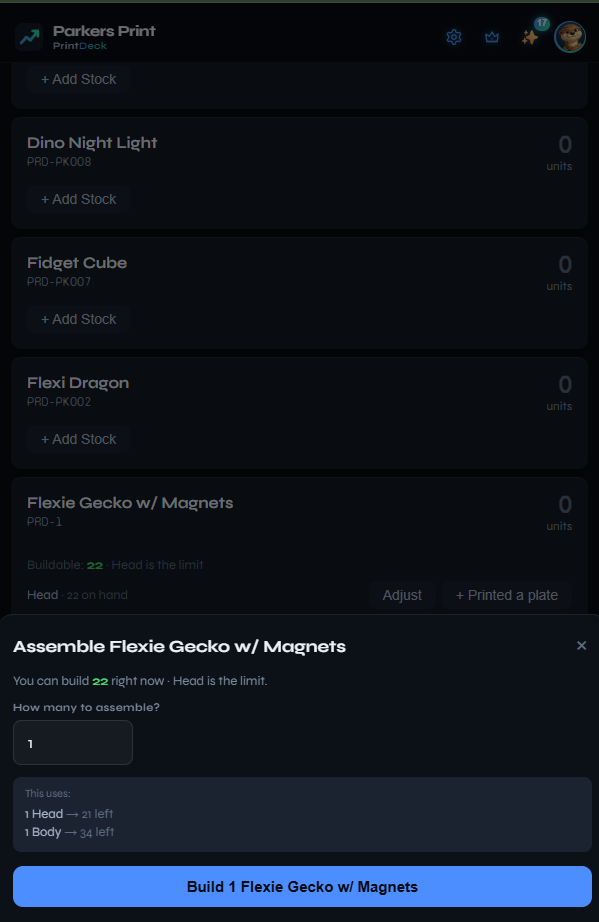 Buildable count + assemble from parts — 1 Head, 1 Body per build