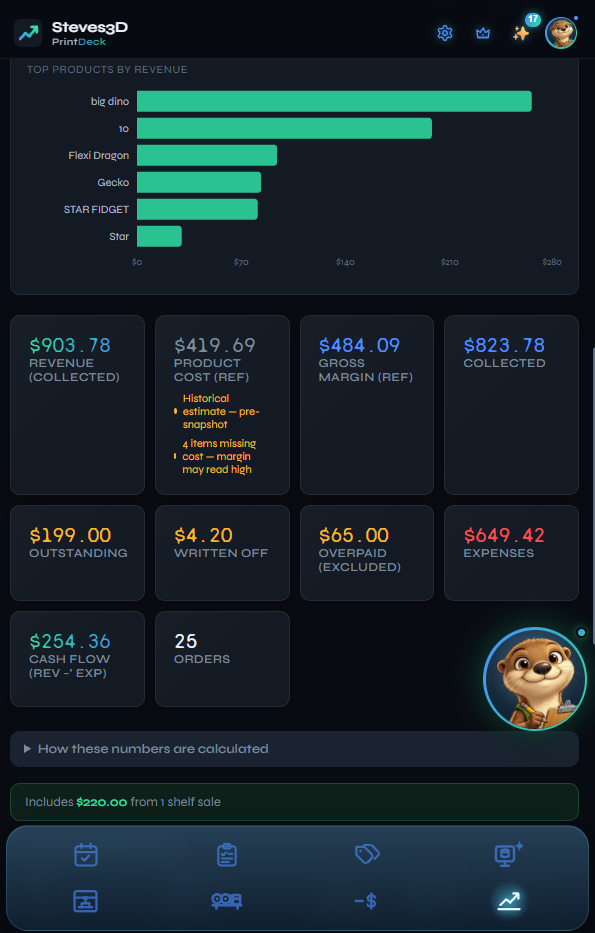 Finances — revenue, product cost, gross margin, net cash flow, top products by revenue