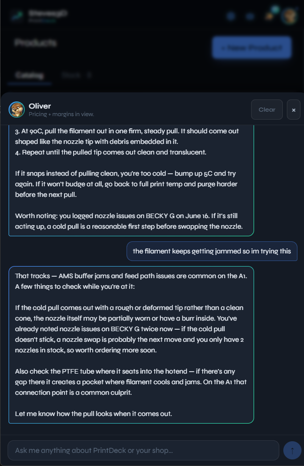 Oliver in chat — citing the nozzle issues you logged on BEAST and that you're down to 2 nozzles in stock