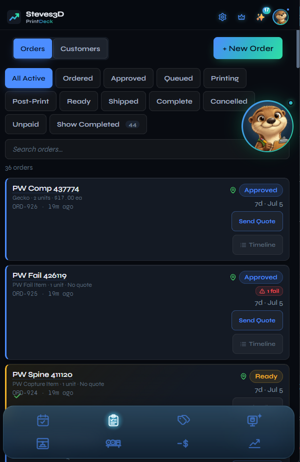 Orders — every stage from Ordered to Shipped, customers and due dates