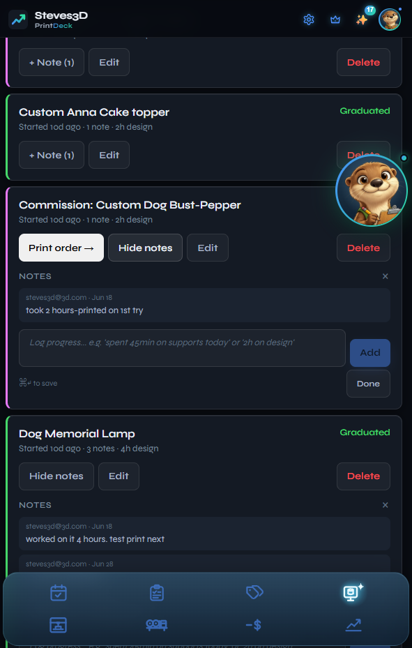 Projects — design hours, notes, and Graduate to lock dev cost into the floor