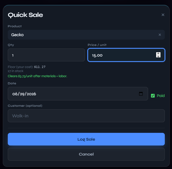Quick Sale — clears $3.73 per unit after materials and labor