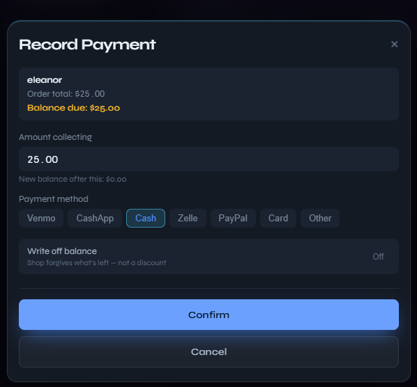 Record Payment — methods, partial collection, write-off