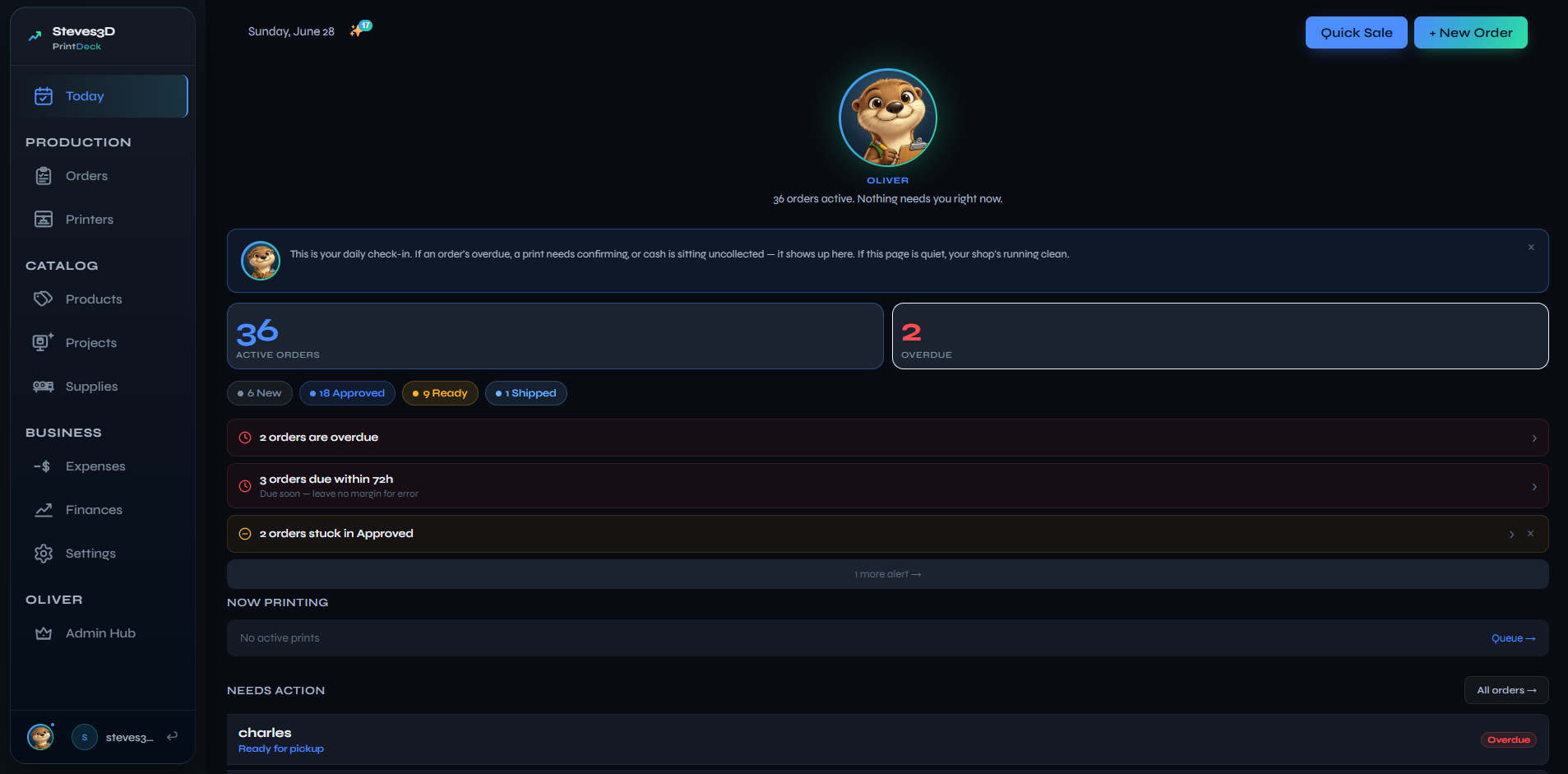 PrintDeck Today — daily check-in, active orders, stage snapshot, and what needs action