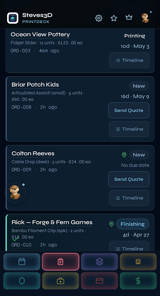 PrintDeck mobile Orders page — active orders at every stage, customer names, days since received