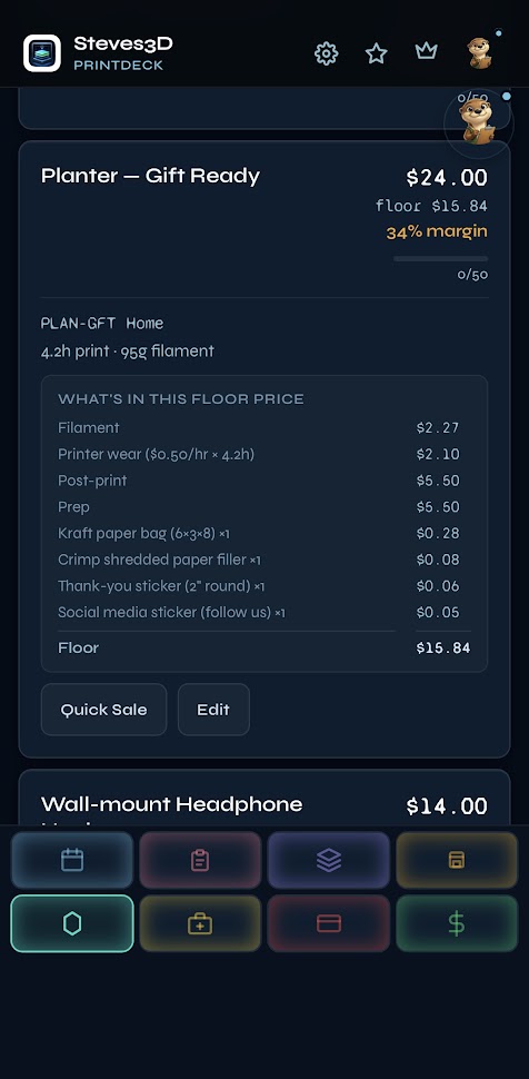 Planter Gift Ready — $24 sale price, floor $15.84, 34% margin in green. Full cost breakdown: filament, printer wear, post-print, prep, packaging.