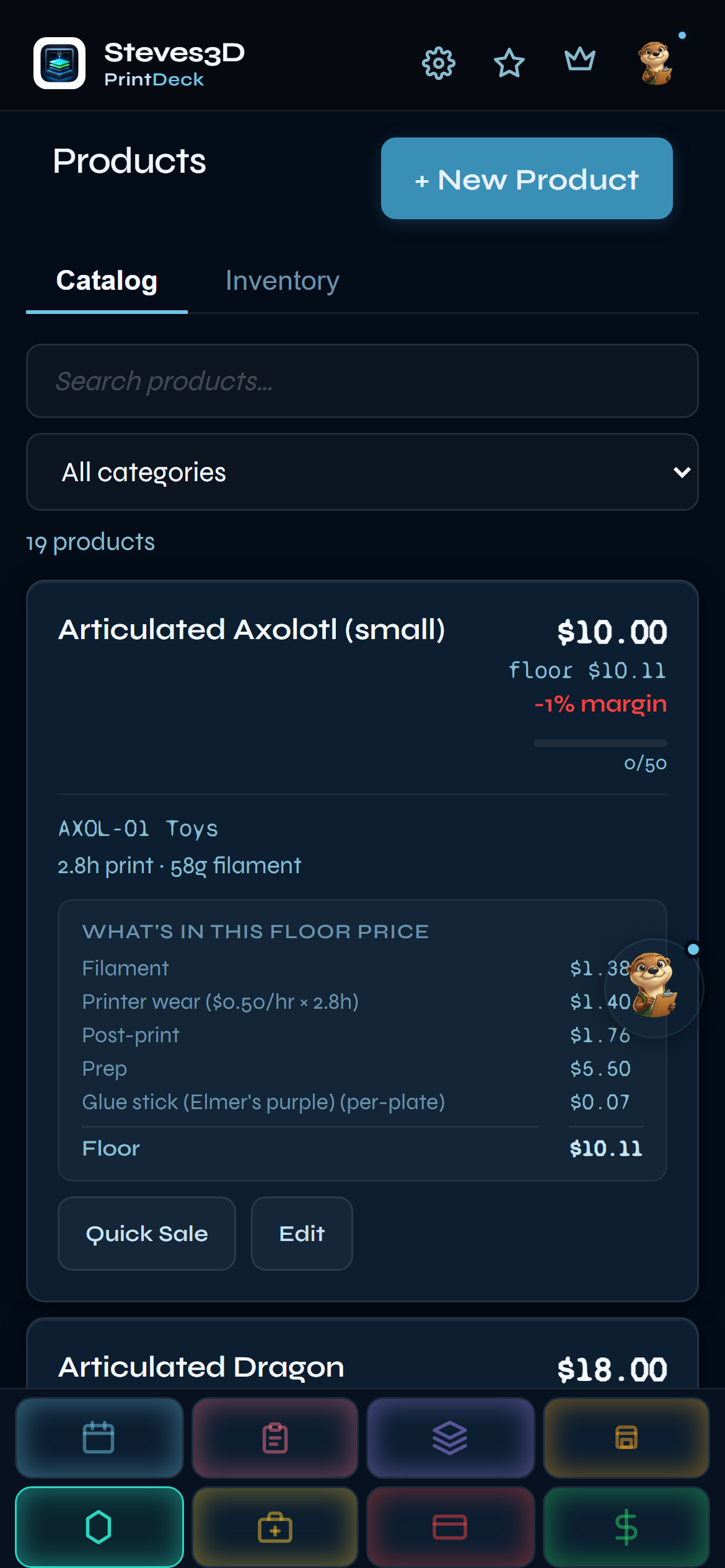 Articulated Axolotl — $10 sale price, floor $10.11, -1% margin flagged red. PrintDeck catches when you're priced below cost.