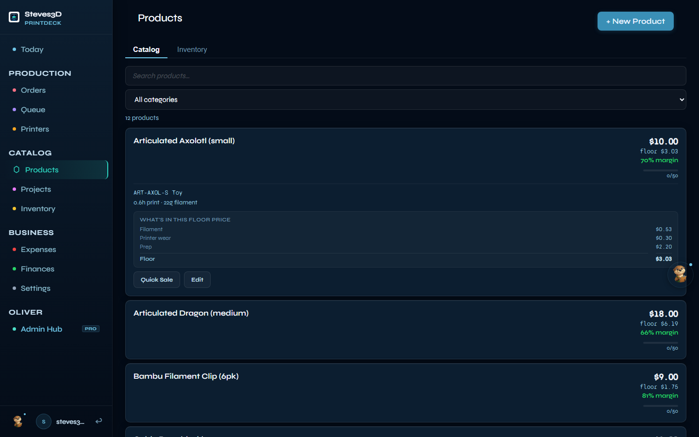 PrintDeck floor price breakdown showing filament, wear, labor, and materials — every number that goes into your minimum price