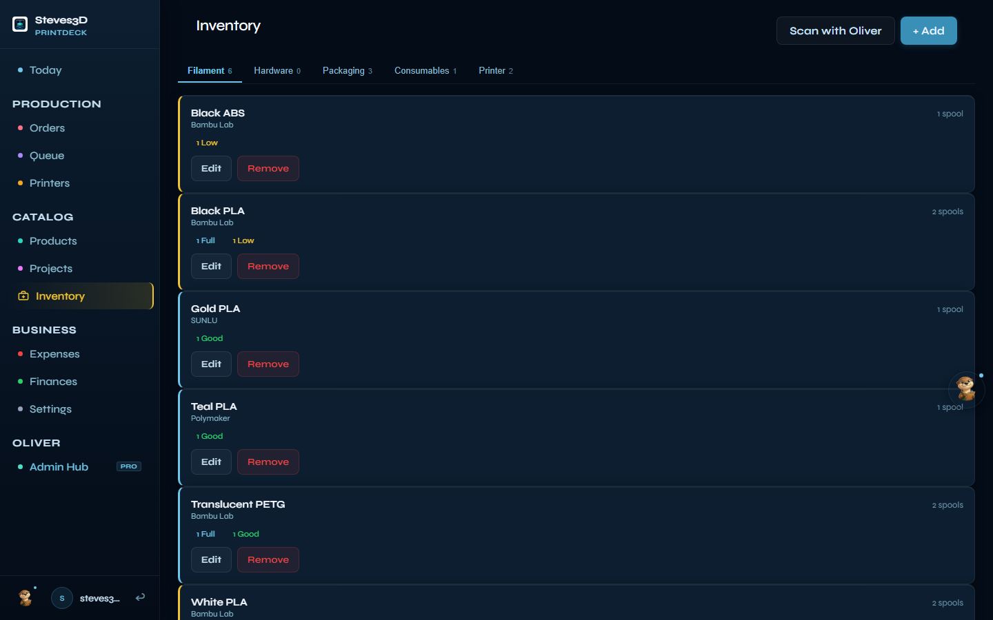 PrintDeck Inventory page — filament shelf with material groups, colors, and remaining quantities