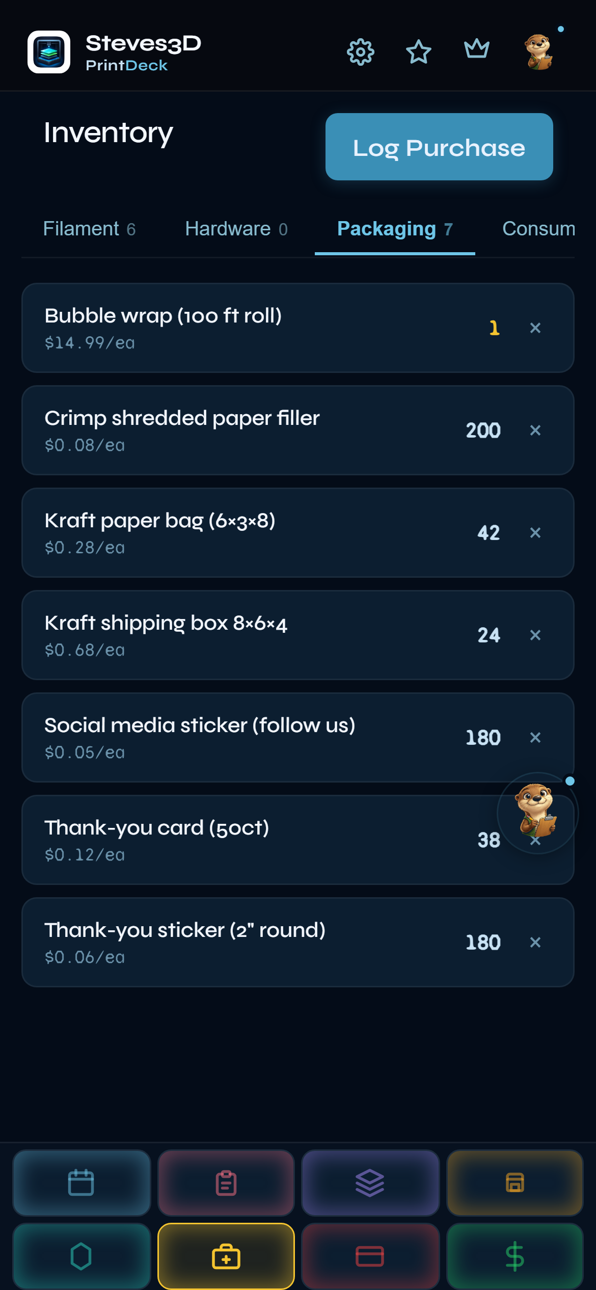 PrintDeck Inventory supplies tab — packaging materials and hardware with per-unit costs