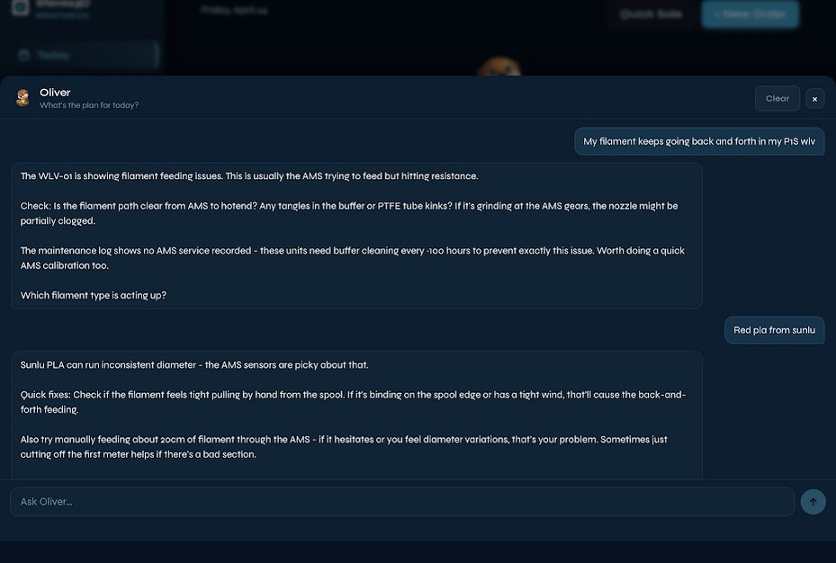 Oliver diagnosing a P1S AMS filament feeding issue — Oliver identifies the problem, asks the right questions about filament type, and gives specific fixes for Sunlu PLA diameter inconsistency