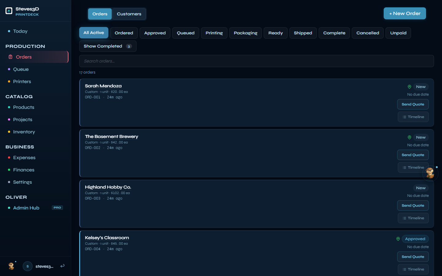 PrintDeck Orders pipeline — every order across every stage from received to paid