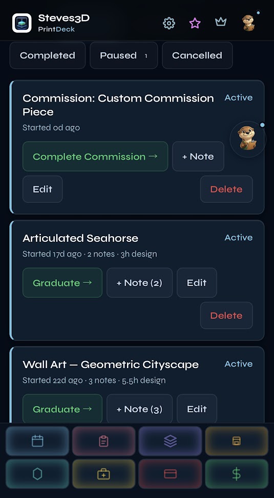 PrintDeck Projects list — active and graduated custom design projects with status, hours logged, and days running