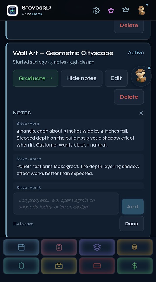 PrintDeck Projects notes log — design progress notes timestamped and threaded, so you have a real record of what the job took