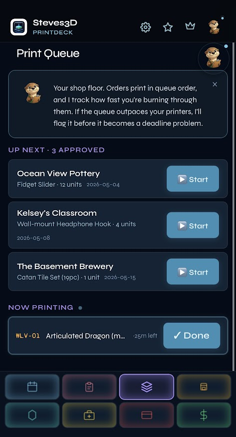 PrintDeck Print Queue — approved orders ready to start, active print job with time remaining