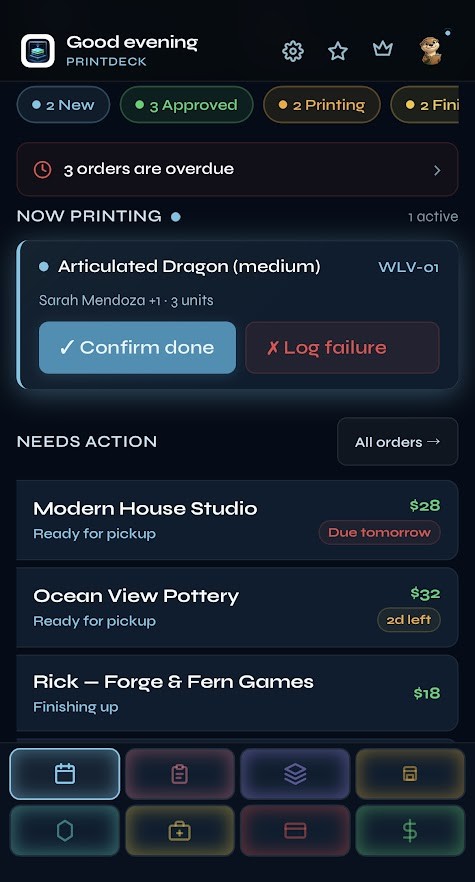 PrintDeck Today page — active print job on Wolverine, needs-action orders with deadlines, real customer names