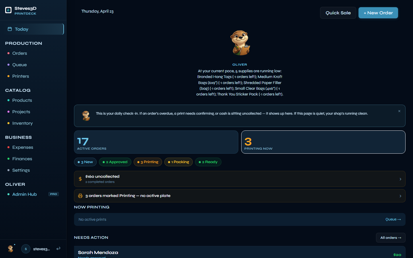 PrintDeck Today page — active print jobs, printer status, and Oliver's shop overview